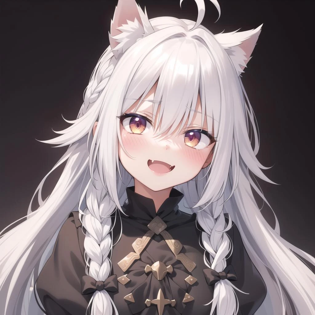 best_quality,masterpiece,1_girl,fcowboy shot, full-face blush, ahoge, open mouth, fang, evil smile, white hair, swept bangs, braid, quad tails, absurdly long hair, messy hair, flipped hair