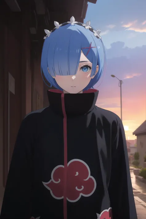 anime, hdr, soft light, ((best quality)), ((masterpiece)), (detailed), <lora:RemV1:0.7> rem_\(re_zero\), hair over one eye, x hair ornament, (akatsuki outfit:1.1), looking at viewer, upper body, village, sunset, nature, <lora:akatsuki:0.8>