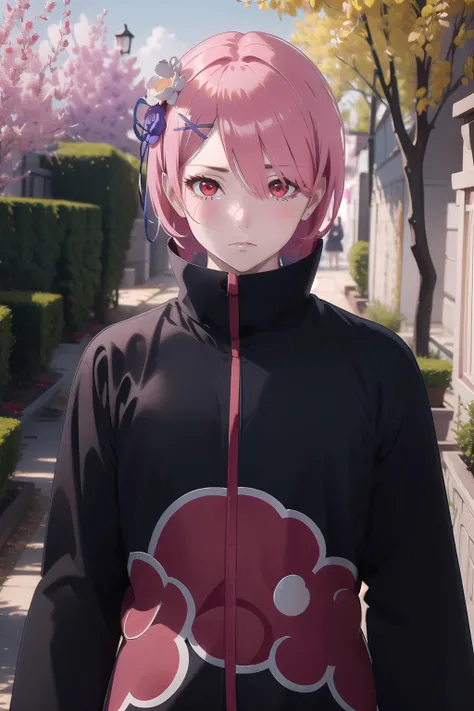 masterpiece, best quality, (colorful), (delicate eyes and face), volumetric light, ray tracing, extremely detailed CG unity 8k wallpaper, <lora:ram_rezero_v1_2:0.6> ram1, ram_(re:zero), hair over one eye, short pink hair, red eyes, x hair ornament, purple ribbon, frown, black robes, (akatsuki outfit:1.1), looking at viewer, upper body, garden, red roses, <lora:akatsuki:0.7>
