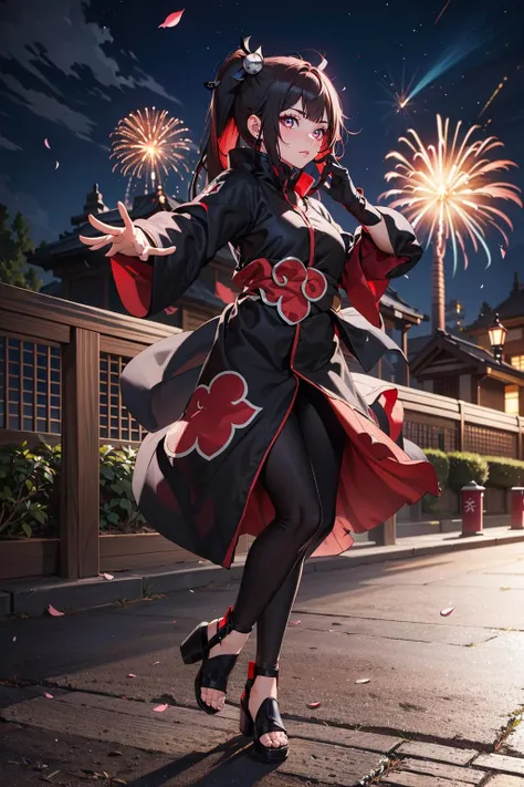 solo, masterpiece, hires, high resolution, best quality, (action shot), sparkle \(honkai: star rail\), (crimson colored eyes), twintails, hair ornament, single glove, <lora:Char-HonkaiSR-Sparkle-V2:0.5>, wearing akatsuki outfit, leggings, <lora:akatsuki-outfit:0.8>, looking at viewer, photoshoot, in a cherry blossom garden, nighttime, fireworks in the sky