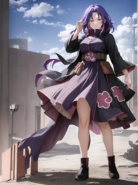 masterpiece, best quality, absurdres, high resolution, 1girl, <lora:LadyNagantMHAv1:1>, lady nagant, boku no hero academia, multicolored hair, purple hair, purple eyes, <lora:akatsuki-outfit:0.65>, akatsuki outfit, purple dress, black coat over purple dress, windy, billowing clothes, cinematic shot, full body, standing, smiling, facing viewer, looking at viewer,