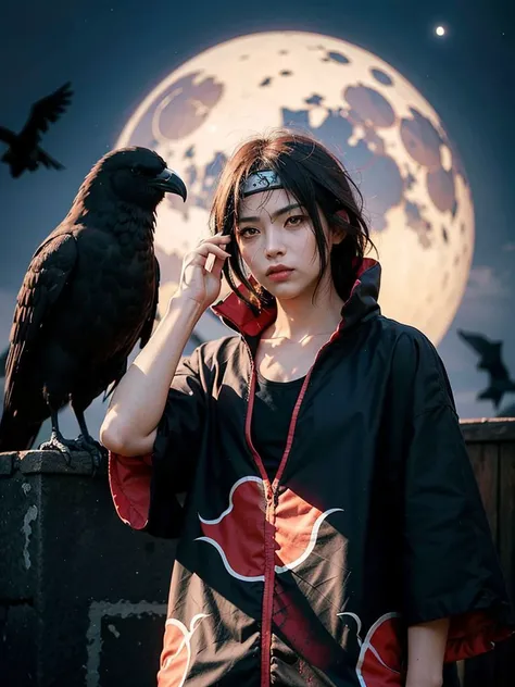 (masterpiece), (best quality), ultra high res, professional artwork, ultra detailed, intricate, detailed face, perfect lighting, 1girl, black hair, (red eyes, glowing eyes), <lora:akatsuki-outfit:0.7>, AKATSUKI OUTFIT, ninja, black cloak, black coat, forehead protector, (collarbone), sidelocks, head, night, night sky, crescent moon, (red moon, crow), angry face, hand on own head, outdoors, (cowboy shot, far shot),
