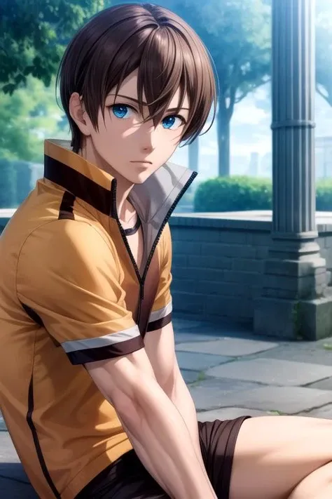 masterpiece, best quality, wallpaper, 1boy, solo, male focus, looking at viewer, , depth of field, , realistic, <lora:kensuke_hanasaki:0.66>, kensuke_hanasaki, brown hair, blue eyes, dress shorts, , atompunk, 4k resolution