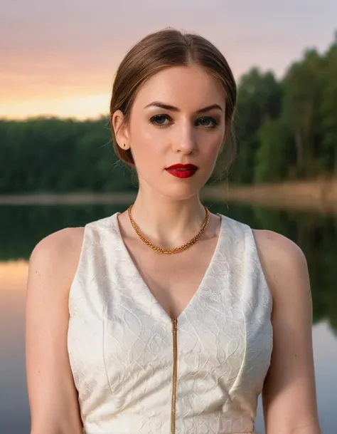 ohwx woman, red lipstick,At the edge of a tranquil lake during golden hour, where water mirrors the sky, a cinematic photo is softly illuminated. Full body shot focus, Photorealistic portrait in breathtaking detail, photo scanned at ultra-high resolution, inspired by Helmut Newton and Peter Lindbergh. Golden light envelops, serene water backdrop, a look of peaceful contemplation, natural-toned makeup, loosely braided hair, wearing a sheer ivory maxi dress, a delicate gold necklace, barefoot, encapsulating ethereal beauty, 35mm photograph, film, bokeh, professional, 4k, highly detailed