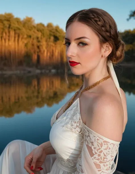 ohwx woman, red lipstick,At the edge of a tranquil lake during golden hour, where water mirrors the sky, a cinematic photo is softly illuminated. Full body shot focus, Photorealistic portrait in breathtaking detail, photo scanned at ultra-high resolution, inspired by Helmut Newton and Peter Lindbergh. Golden light envelops, serene water backdrop, a look of peaceful contemplation, natural-toned makeup, loosely braided hair, wearing a sheer ivory maxi dress, a delicate gold necklace, barefoot, encapsulating ethereal beauty, 35mm photograph, film, bokeh, professional, 4k, highly detailed