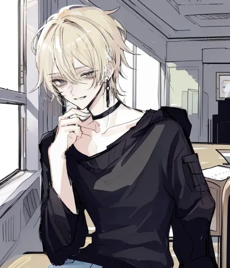1boy, light platinum blonde hair, tsurime, narrowed eyes, pixie cut, hair between eyes, earrings, jewelry, long sleeves, male focus, solo, gray eyes, smile, smug, choker, punk, black shirt, off shoulder, pants, sleeves past wrists, sketch by nty, school interior, <lora:SketchStyle:0.7>, <lora:Tsurime3:1>tsurime, Bags under eyes <lora:bags under eyes:1>