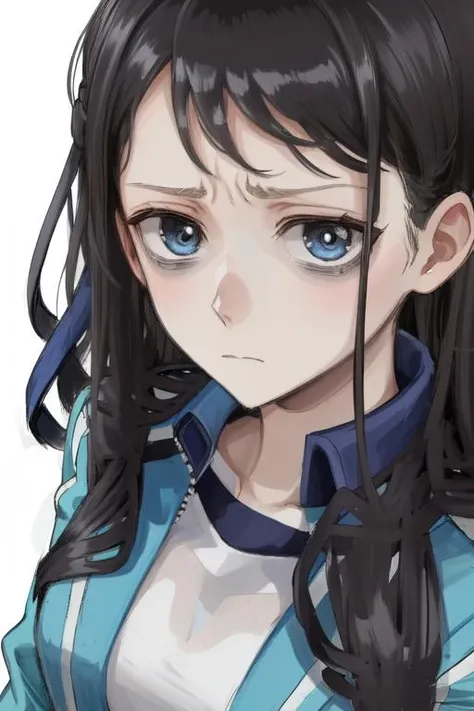 (close up face:1.1), young woman, blue sport form, long sleeves, jacket, purses under eyes <lora:bags under eyes-000009:1.3>, depressed, expressionless,