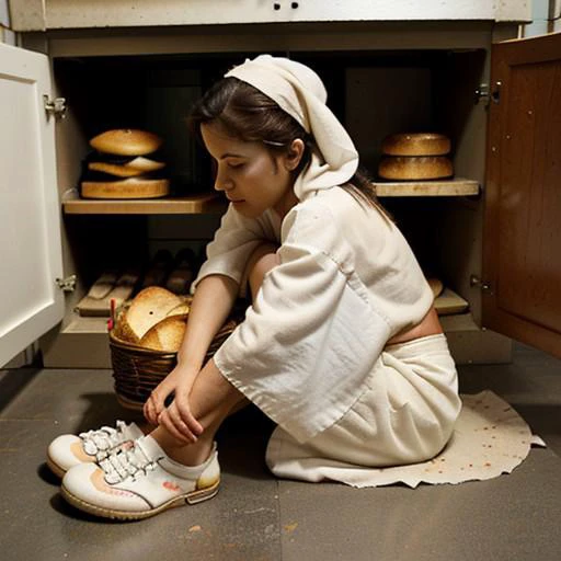 She took a little basket and filled it with bread from the cupboard, laying a white cloth over the top. Then she looked down at her feet and noticed how old and worn her shoes were.