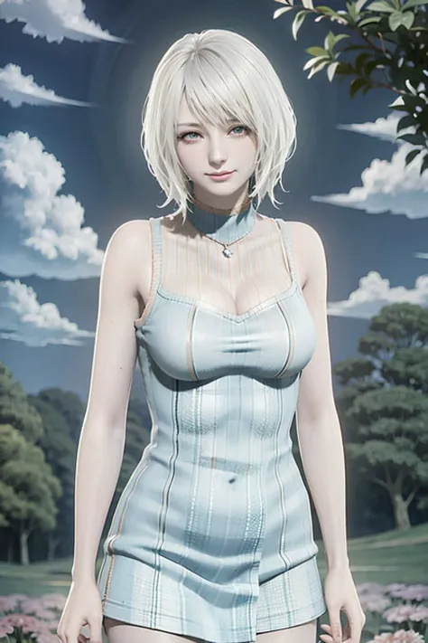 <lora:ashley:0.76>,<lora:standingFullBodyWithBackgroundStyle_v10Offset:0.7>,ashley_re4, tachi-e, 1 girl, solo,(1 girl in the photo:1.5),(alone:1.5),center_frills, bonnet, masterpiece,ultra high res,highly detailed,( beautiful detailed green eyes:1.2),((((perfect detailed face)))),short hair, blonde hair, (smile:0.7), huge breasts,(pure white dress:1.6),standing,(arms behind back:1.3),(looking at viewer:1.4),upperbody,outside,park,flowers,lawn,water,god ray,sunny