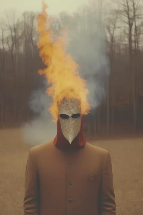 <lora:Christopher Ryan McKenney Style:1>Christopher Ryan McKenney Style - editorial fashion photograph of a man with head covered in fire,