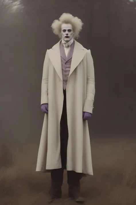 <lora:Christopher Ryan McKenney Style:1>Christopher Ryan McKenney Style - Full body portrait of an Edwardian clown with a white painted face wearing a long lavender overcoat with big lapels