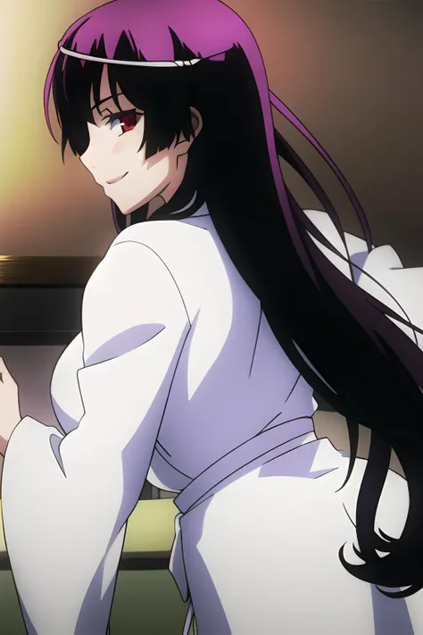1girl, masterpice, high quality, best quality, good body, 5fingers, good hands and fingers, official art, (8k), (pixiv), (solo), dynamic angle, classroom,(sculpted body) , big breasts, (evil smile), ((back view)) big ass, konoe_yuuko, very long hair, ghost, white kimono, white headband, <lora:konoe_yuuko-08:0.9>, red eyes, purple hair, night