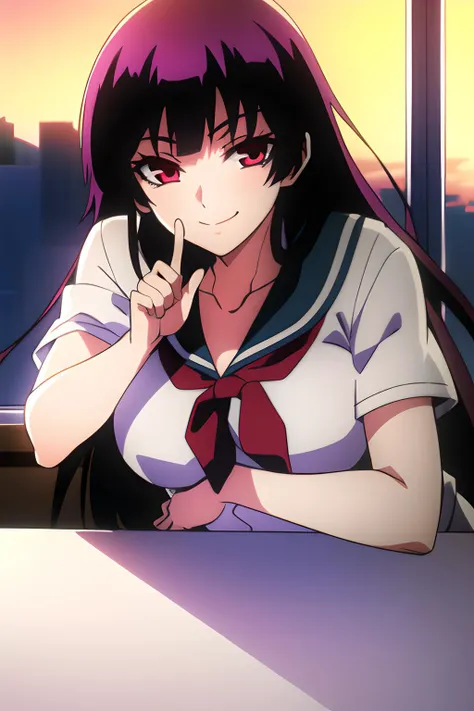 1girl, masterpice, high quality, best quality, good body, 5fingers, good hands and fingers, official art, (8k), (pixiv), (solo), dynamic angle, classroom,(sculpted body) , big breasts, (evil smile), looking at viewer, konoe_yuuko, very long hair, school uniform, <lora:konoe_yuuko-08:0.8>, red eyes, purple hair, night