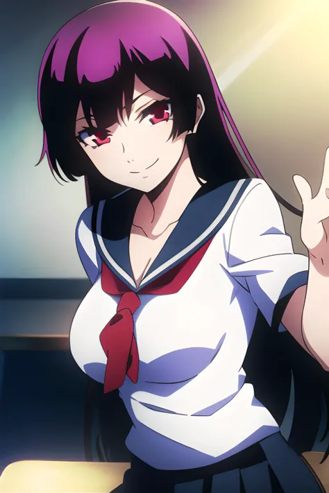 1girl, masterpice, high quality, best quality, good body, 5fingers, good hands and fingers, official art, (8k), (pixiv), (solo), dynamic angle, classroom,(sculpted body) , big breasts, (evil smile), looking at viewer, konoe_yuuko, very long hair, school uniform, <lora:konoe_yuuko-08:0.8>, red eyes, purple hair, night