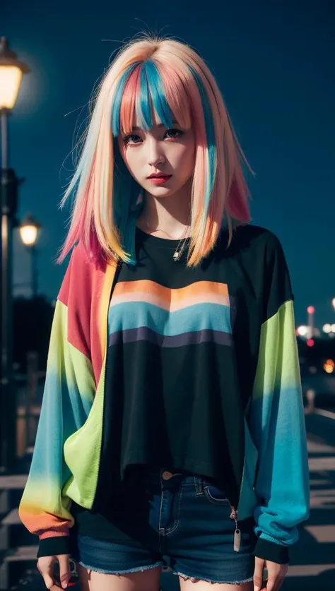 (masterpiece:1),(highest quality:1),(hdr:1),(1girl:1.2),neon clothes,(dual toned hair:1.2),(colored hair:1.1),(looking at viewer:1.1), vivid colors,