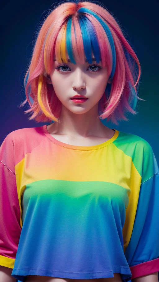 (masterpiece:1),(highest quality:1),(hdr:1),(1girl:1.2),neon clothes,(dual toned hair:1.2),(colored hair:1.1),(looking at viewer:1.1), vivid colors,