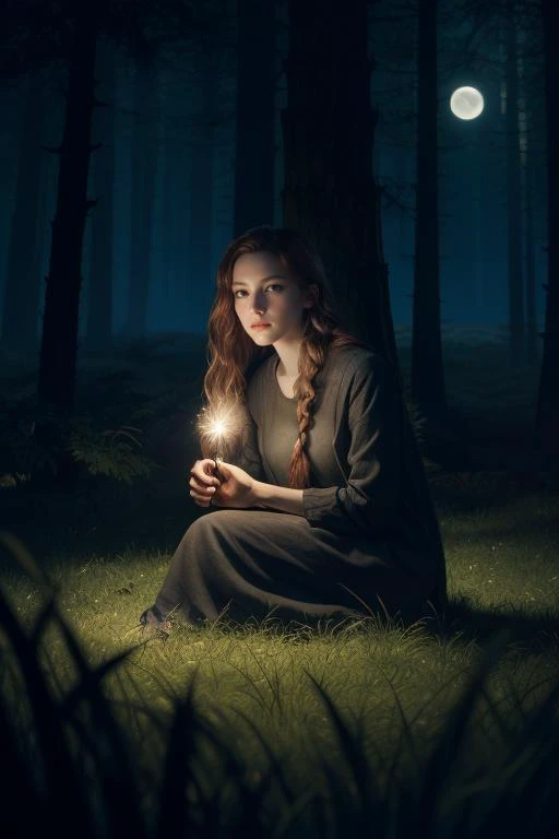 oil painting, druid queen, laurel, long red hair, flower braid, sitting, holding a glowing stone, beautiful face, smirk, trees, full moon, moonlight, starry sky, shooting star, at night, bush, grass, in forest, (foggy forest in background:1.1) BREAK dark theme, impressionism, fine art,, van gogh style, masterpiece, best quality, ultra_detailed, highres, absurdres, 8k wallpaper, 8K raw photo, dynamic lighting, cinematic lighting, highly detailed, official art,flawless, sharp focus, exquisite details and textures, delicate and beautiful, absurdres, ray tracing,