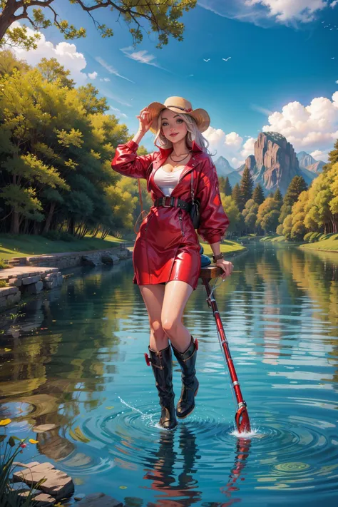 <lora:AngeliteWorld:1> (AngeliteWorld:0.9), 1woman sexy skinny in red sexy clothes fishing on a boat