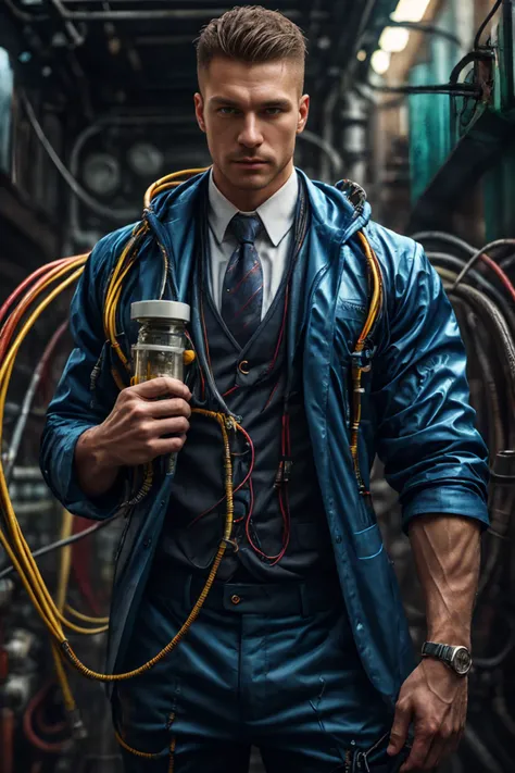 (realistic), (photorealistic), ((masterpiece)), ((best quality)), (detailed), cinematic, natural lighting, soft shadow, detailed background, photography, depth of field, intricate, detailed face, subsurface scattering, realistic eyes, muscular, manly, photo of a handsome (russian man), chem4rmor, wearing chempunk business suit, tubes, cables, wires, (multicolor liquid), canister, dynamic pose, pants, shirt, necktie,