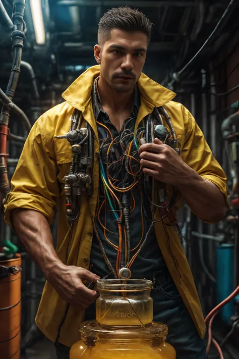(realistic), (photorealistic), ((masterpiece)), ((best quality)), (detailed), cinematic, natural lighting, soft shadow, detailed background, photography, depth of field, intricate, detailed face, subsurface scattering, realistic eyes, muscular, manly, photo of a handsome (mexican man), chem4rmor, wearing chempunk collared shirt, tubes, cables, wires, (multicolor liquid), canister, dynamic pose,