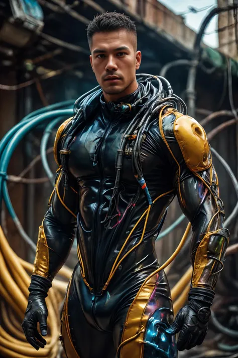 (realistic), (photorealistic), ((masterpiece)), ((best quality)), (detailed), cinematic, natural lighting, soft shadow, detailed background, photography, depth of field, intricate, detailed face, subsurface scattering, realistic eyes, muscular, manly, photo of a handsome (southeast asian man), chem4rmor, wearing chempunk bodysuit, tubes, cables, wires, (multicolor liquid), canister,