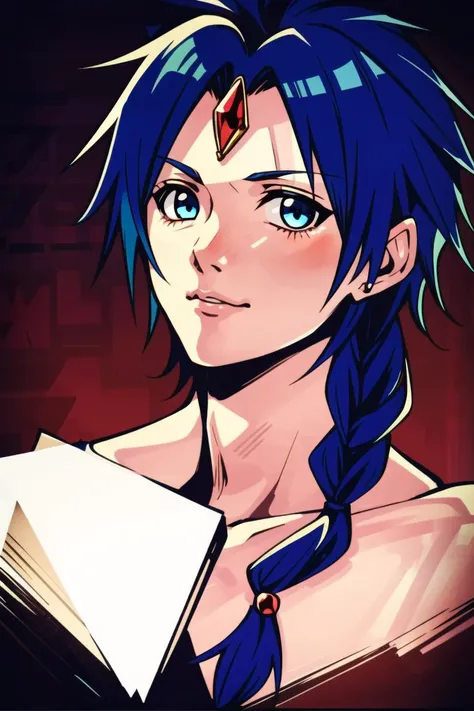 best quality, masterpiece, solo, 1boy,  <lora:aladdin_magi-10:0.8>,aladdinv1, red gemstone,  blue hair, (single braid),forehead jewel,, <lora:nomura_tetsuya:0.7>,nomura tetsuya,