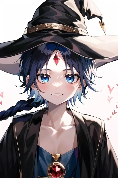 best quality, masterpiece, solo, 1boy, <lora:aladdin_magi-10:0.8>,aladdinv1, red gemstone, blue hair, (single braid),forehead jewel, witch hat, black robe, white collar, light smile, portrait,