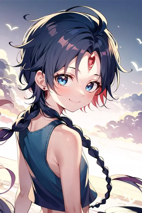 best quality, masterpiece, solo, 1boy,  <lora:aladdin_magi-10:0.8>,aladdinv1, red gemstone,  blue hair, (single braid),forehead jewel, from behind, looking back, smile,