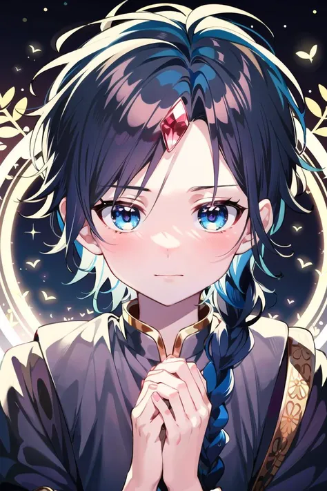 best quality, masterpiece, solo, 1boy, <lora:aladdin_magi-10:0.8>,aladdinv1, red gemstone, blue hair, (single braid),forehead jewel, own_hands_clasped,Nehru Jacket