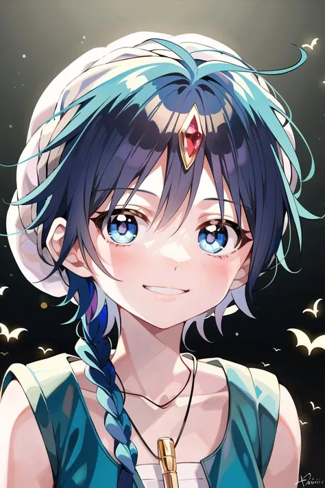 best quality, masterpiece, solo, 1boy, <lora:aladdin_magi-10:0.9>,aladdinv1,necklace, flute, turban, red gemstone, light smile, portrait, blue hair, vest, single braid,