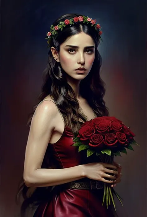ozge_gurel,with flowers in her hair and a wreath of pink roses on her head,standing in front of a dark background,painted by artgerm and tom bagshaw,fantasy art,dramatic lighting,highly detailed oil painting,
<lora:more_details:0.8>,
<lora:ozge_gurel-000008:0.8>,