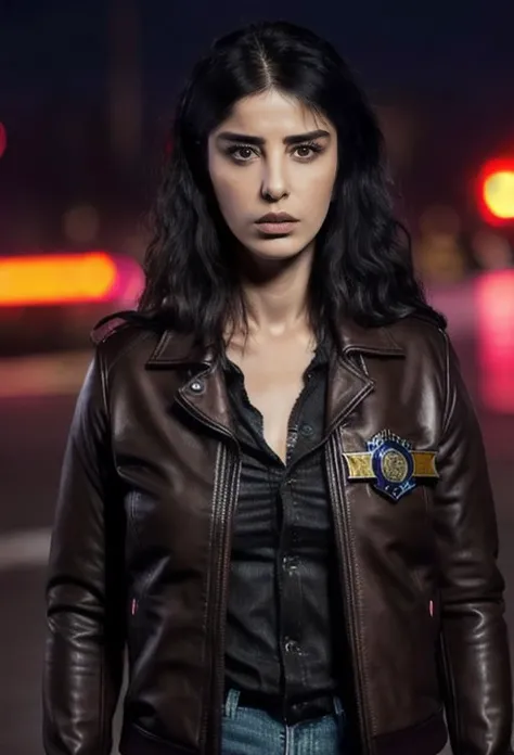 (realistic RAW portrait),
of ozge_gurel as a (police:1.3) with short dark brown hair,in cyberpunk city at night. She is wearing a leather jacket,black jeans,dramatic lighting,(police badge:1.3),
<lora:ozge_gurel-000008:0.8>,