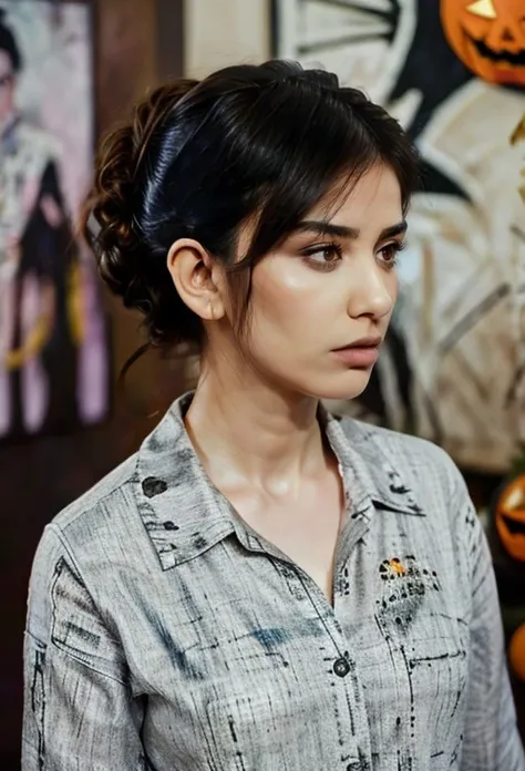 (pleasant) depressed  ozge_gurel in (formal wear|jack-o-lantern costume|business suit),portrait,intricate detail,(updo hairstyle|feather bangs),( bobby pin),on stomach,at postmodern,in (Phuket, Thailand|desert),dawn,2,Wide angle focal length,bronzer,(skin details:1.3),(skin pores:1.3),art by  (Jean Dubuffet),Sony a6100 Mirrorless Camera,<lora:ozge_gurel-000008:0.8>,