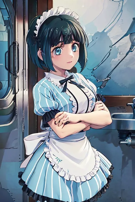 (masterpiece, best quality), 1girl, <lora:ono_shiragiku_v1:1> 1girl, solo, short hair, green hair, bob cut, maid headdress, blue eyes, large breasts, frills, vertical-striped dress, blue dress, short sleeves,  black pantyhose