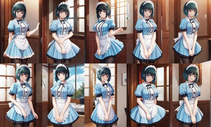 masterpiece, best quality, highres, 1girl, solo, short hair, green hair, bob cut, maid headdress, blue eyes, large breasts, frills, vertical-striped dress, blue dress, short sleeves, black pantyhose, <lora:ono_shiragiku_v1:0.7>, standing, cowboy shot, smile
