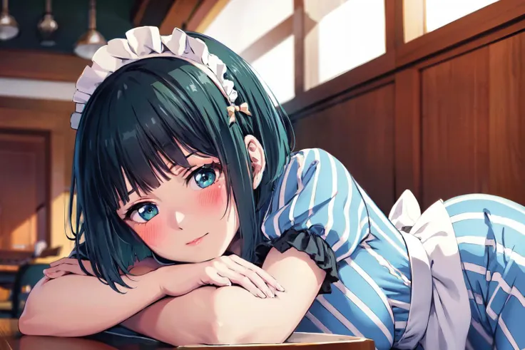 masterpiece, best quality,(detailed), indoors, cafe, solo, <lora:ono_shiragiku_v1:0.7>,
1girl, solo, short hair, green hair, bob cut,
maid headdress, blue eyes, frills, vertical-striped dress, blue dress, short sleeves, black pantyhose,
blush, sexy, sweat, lying, on table, on side,