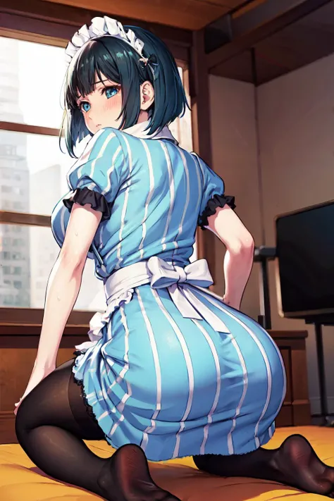 masterpiece, best quality,(detailed), indoors, cafe, <lora:ono_shiragiku_v1:0.7>,
1girl, solo, short hair, green hair, bob cut,
maid headdress, blue eyes, frills, vertical-striped dress, blue dress, short sleeves, black pantyhose,
sweat, sexy, blush, from behind, kneeling, dress lifts, ass,