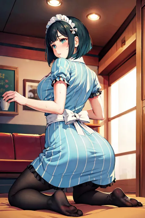 masterpiece, best quality,(detailed), indoors, cafe, <lora:ono_shiragiku_v1:0.7>,
1girl, solo, short hair, green hair, bob cut,
maid headdress, blue eyes, frills, vertical-striped dress, blue dress, short sleeves, black pantyhose,
sweat, sexy, blush, from behind, kneeling,