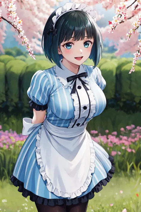 masterpiece, best quality, highres, 1girl, solo, short hair, green hair, bob cut, maid headdress, blue eyes, large breasts, frills, vertical-striped dress, blue dress, short sleeves, black pantyhose, <lora:ono_shiragiku_v1:0.7>, standing, cowboy shot, arms behind back, smile, open mouth, leaning forward, outdoors, cherry blossoms,