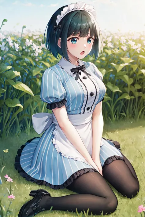 masterpiece, best quality, highres, 1girl, solo, short hair, green hair, bob cut, maid headdress, blue eyes, large breasts, frills, vertical-striped dress, blue dress, short sleeves, black pantyhose, <lora:ono_shiragiku_v1:0.7>, :o, grass, field, wariza, shoes, garden