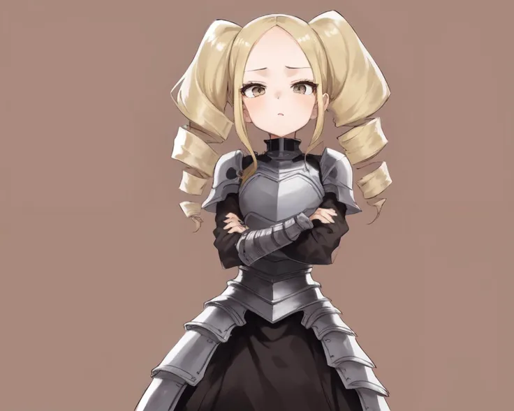 <lyco:yamamoto-NAI-LyCORIS:0.9>
1girl, solo, standing, crossed arms,  armored_dress, forehead, long blonde hair, drill hair, visible disgust