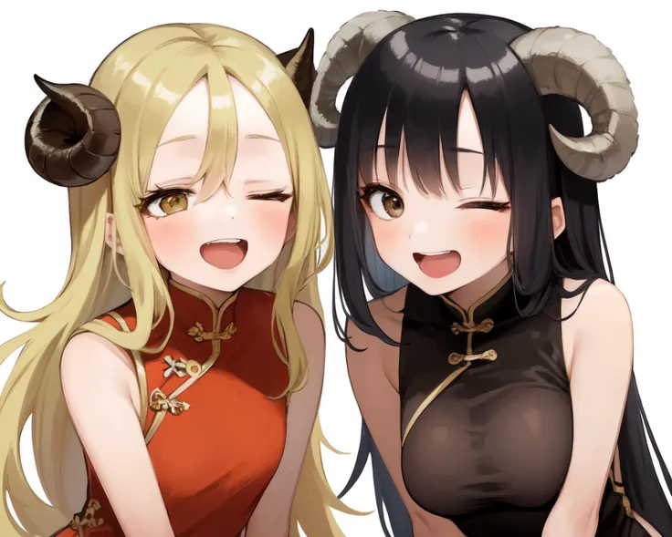 <lyco:yamamoto-NAI-LyCORIS:0.9>
2girls, sheep_horns, chinese_dress, laughing. eyes_closed, open_mouth