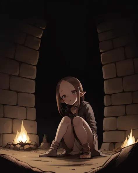 <lyco:yamamoto-NAI-LyCORIS:0.9>
a lone female adventurer sitting at a campfire in a damp, dark dungeon, forehead