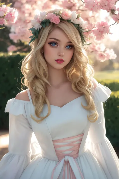 woman,   Adult,  looking at viewer,  (portrait photo:1.3), (long blonde loose waves Hair:1.1), b34uty_g0wn_1, long white gown, puffy underskirt, gems, pink floral headpiece, <lora:b34uty_g0wn_2:0.7>, best quality, high detail, high quality, high res, 4k,eyeliner, pouty lips,  detailed skin texture,  (blush:0.5), outdoor background, ((very tiny waist)),