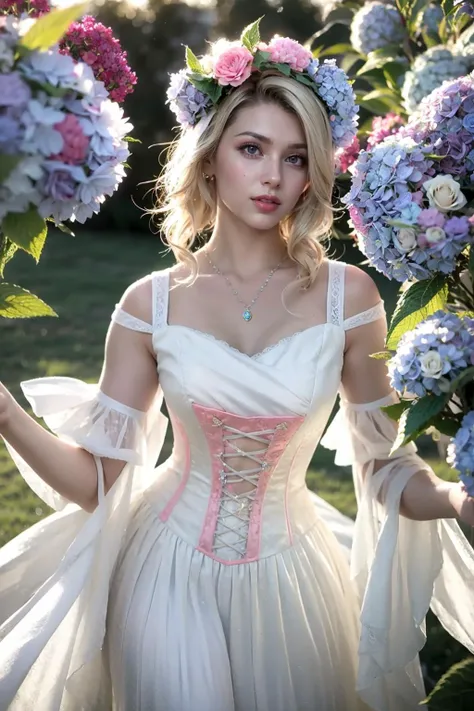 (masterpiece, best quality, high quality, highres, ultra-detailed),official art,official wallpaper,1girl, A girl with pink butterfly wings, beautiful, pretty, pink dress, flying in the sky, gem, pearl,standing, jewelry, pink roses, detailed background, garden, 1girl, full body, blonde hair, long hair, blue eyes, smile,pink sparkles, sprinkles, full lips, parted_lips, detailed eyes, pretty face