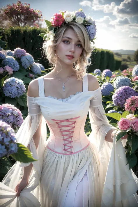 (realistic:1.3), finely detailed, quality, rembrandt lighting, (masterpiece:1.2), (photorealistic:1.2), (best quality), (detailed skin:1.3), (intricate details), dramatic, ray tracing, 1girl, french girl, 21 years old, detailed skin texture, (blush:0.5), (goosebumps:0.5), subsurface scattering, smiling, medium breasts, short hair curls, bangs, hair between eyes, b34uty_g0wn_1, brocade long white gown, pink corset lace, puffy underskirt, cutout shoulders, gems, necklace, floral headpiece, cowboy shot, (bright sunny day, outdoors, wide open field of blue and pink hydrangea flowers, (sky:1.2)), <lora:b34uty_g0wn_2:0.65>