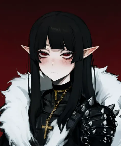 jk style,best quality,absurdres,masterpiece,traditional media,dark theme,blurry,Anime Art Illustration,1girl,(black hair:1.2),long hair,bangs,pale_skin,elf ears,choker,small nose,flat chest,fur trim,vampire,black cloak,chain,cross,(shoulder armor:1.2),closed mouth,expressionless,lipstick,lace,red eyes,half-closed eyes,blush,long sleeves,solo,(spike:1.2),red eyeliner,eyeliner,floral background,simple background,red background,shoulder_level,portrait,<lora:colored_eyelashes000:0.8>,<lora:Mp:0.5>,<lora:jk style by goofy ai:0.6>,<lora:chan8016:0.5>,<lora:cultiste:0.6>,<lora:Mdf_anStyle:0.3>,<lora:LowRA:0.6>,