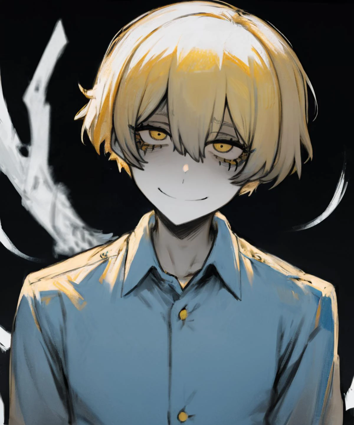 jk style,best quality,absurdres,masterpiece,traditional media,dark theme,blurry,Anime Art Illustration,upper body,1boy,blind,smile,white eyes,ager,pale_skin,thin,yellow hair,mascara,empty eyes,blank eyes,blue_pupils,small nose,:>,wings,collared_shirt,<lora:Mdf_anStyle:0.3>,<lora:LowRA:0.6>,<lora:chan8016:0.5>,<lora:Mp:0.5>,<lora:jk style by goofy ai:0.6>,