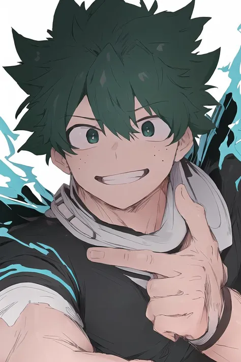 (best quality, masterpiece1.2), detailed,1boy, solo,looking at viewer,simple background, upper body,
dynamic pose,smile , office man, mature male, necktie, muscular male, masculine face1:1, grin, ((detailed eyes)), <lora:mha_midoriya-10:0.9>, midoriya izuku, short green hair, green eyes, green lightning,
<lora:Mdf_anStyle-20:1>