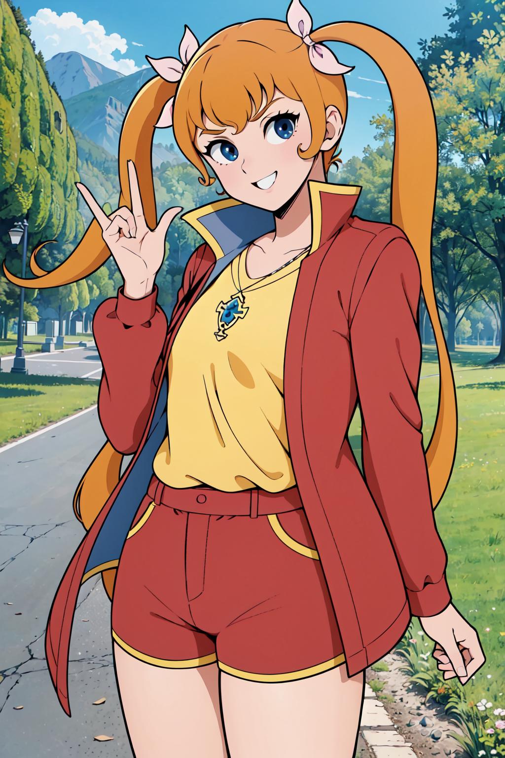 A woman in a red jacket and shorts is posing for a picture - SeaArt AI